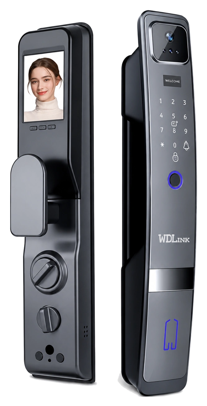 Serrure connectée WD20P, vue extérieure avec caméra et vue intérieure avec écran