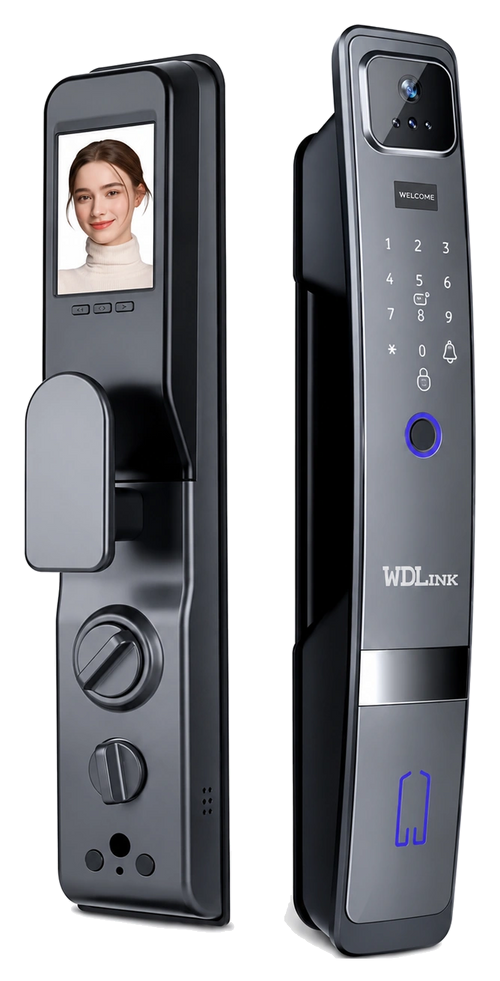 Serrure connectée WD20P, vue extérieure avec caméra et vue intérieure avec écran